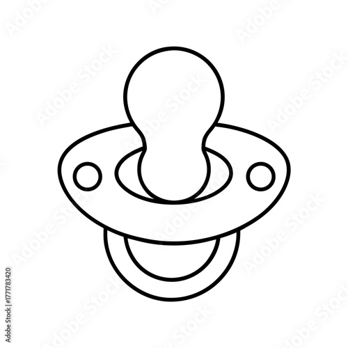 Simple white outline illustration of a baby pacifier with a nipple and shield isolated on white background