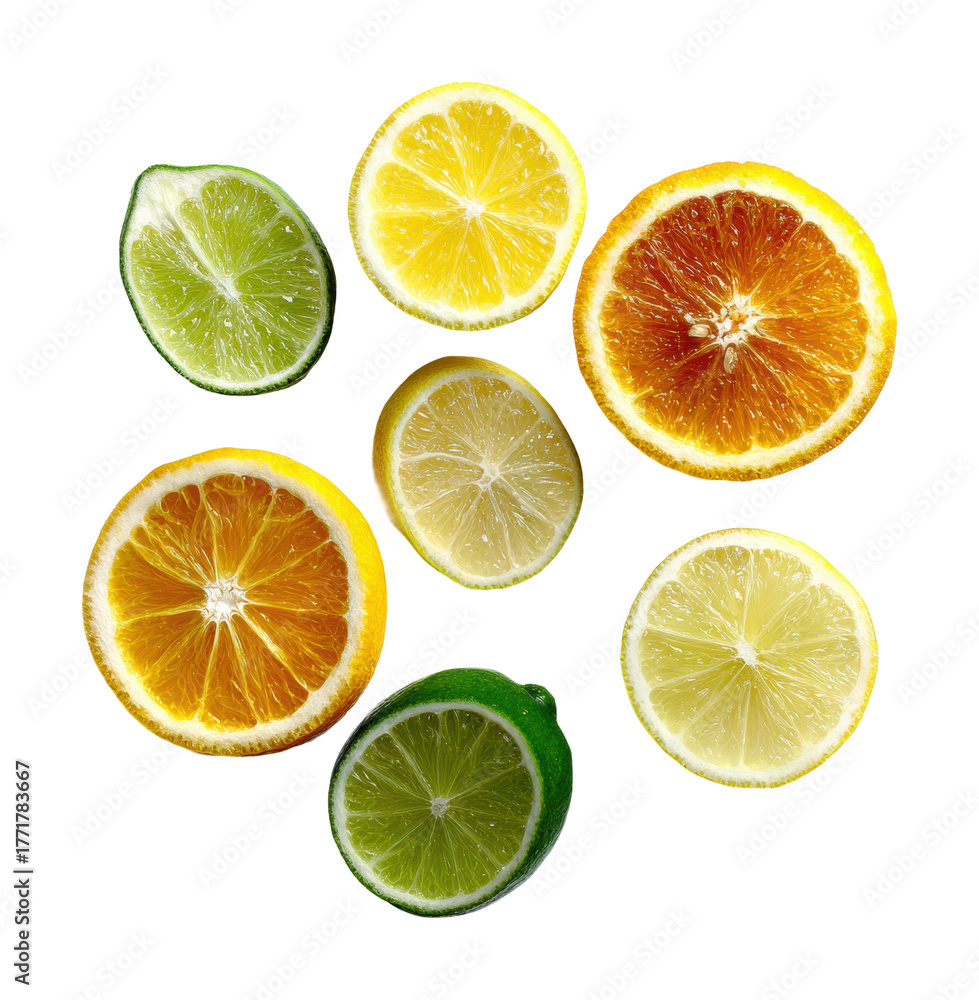 Fototapeta premium Slicing citrus fruits for refreshing drinks kitchen bright top-down isolated on transparent background