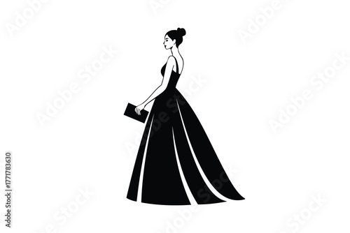 Elegant woman in a black ball gown holding a clutch, isolated on white background