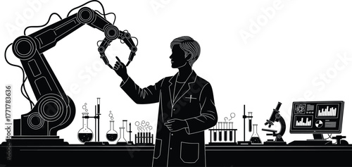 Scientist and robotic arm in a laboratory setting research, scientist, laboratory, research, science, experiment, robotic arm, robot, automation, technology, flask, beaker, test tube, microscope, comp