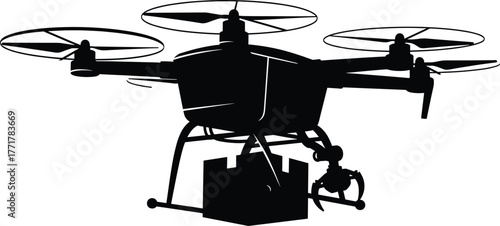Silhouette of a drone carrying a box with robotic arm, drone, uav, unmanned aerial vehicle, quadcopter, flying, delivery, cargo, box, package, robotic arm, technology, futuristic, silhouette, dark, bl