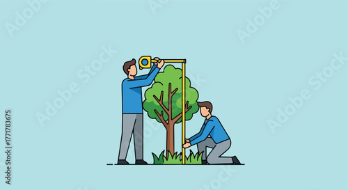 Two people measuring a tree's height with a tape measure