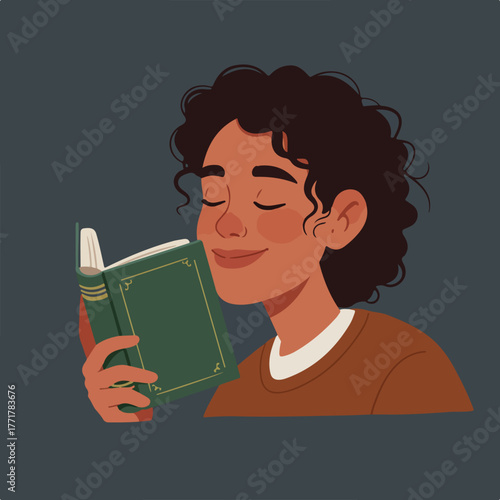 Illustration of a person with dark curly hair deeply engrossed in a book, eyes closed, smiling, embracing the moment
