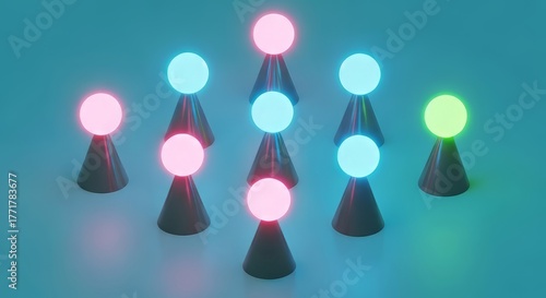 A minimalist arrangement of glowing neon spheres placed above cone-shaped bases, creating a futuristic and symmetrical composition. The lights feature soft pastel hues such as pink, blue, and teal aga
