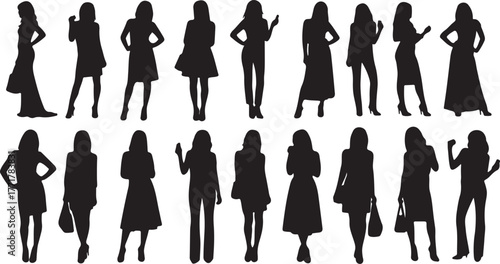A comprehensive collection of elegant silhouette female figures showcasing diverse poses and attire, perfect for fashion, lifestyle, and design projects, with each outline emphasizing grace and style