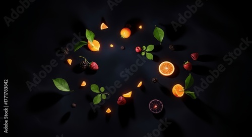 A vibrant composition of fresh fruits and green leaves arranged against a dark background. The image features sliced oranges, berries, cherries, and various citrus pieces scattered artistically, creat