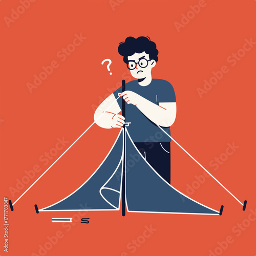 A bewildered person wearing glasses attempts to set up a tent, a question mark hovering above their head