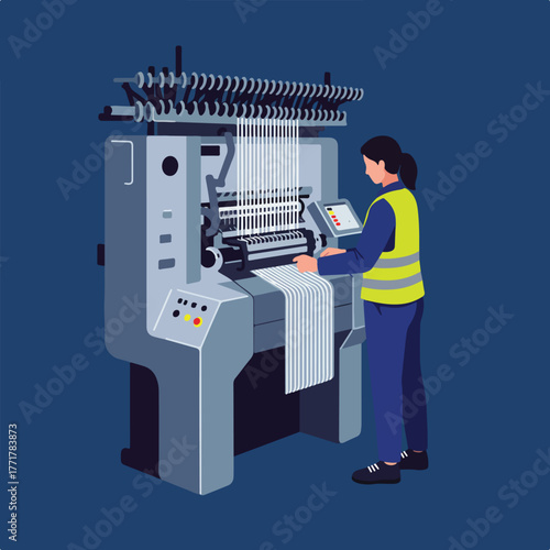 A textile worker operates a large industrial weaving machine, overseeing the production of striped fabric in a factory setting