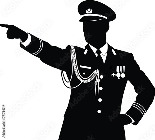 Silhouette of military officer in uniform pointing with medals, silhouette, military, officer, uniform, pointing, directing, leading, command, authority, captain, general, admiral, navy, army, air for