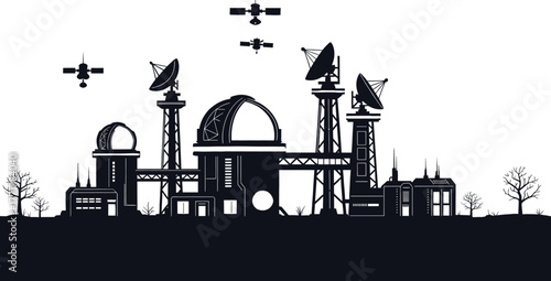 Silhouette of observatory and satellite dishes with satellites, observatory, telescope, satellite dish, antenna, communication, technology, science, astronomy, space, research, futuristic, silhouette,