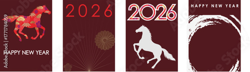 Chinese New Year 2026 Year of the Horse – Traditional Greeting Card Set with Horse Illustrations and Oriental Patterns Vector
