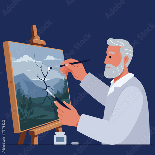 An elderly artist with a white beard paints a landscape scene on a canvas easel, using brushes and paint