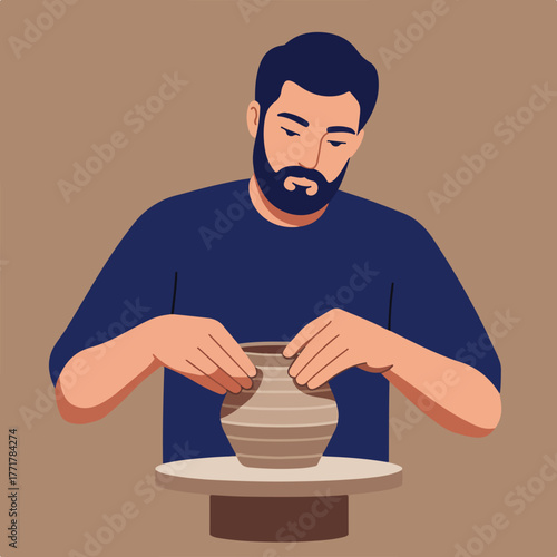 Illustration of a man with a beard and dark blue shirt shaping clay on a pottery wheel. Neutral background