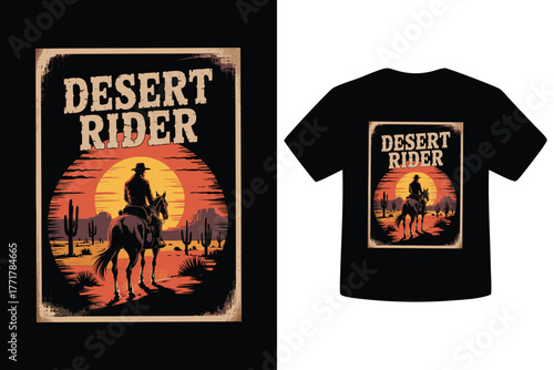 Vintage desert rider silhouette on horseback against a fiery sunset with cacti