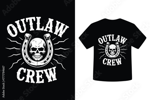 Vintage outlaw crew skull and horseshoe graphic design for t shirt apparel