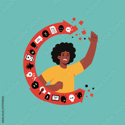 A distressed person is surrounded by a red arrow filled with negative symbols, breaking at the top