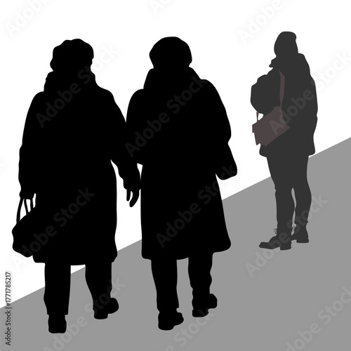 Vector silhouettes of three women in warm winter clothes with bags. Two women are seen from behind, and the girl is seen from the side.