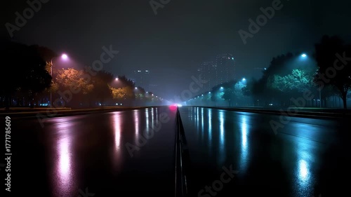 Rainy Night Highway Traffic Light Trails City Nightscape