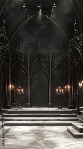 A dimly lit, gothic cathedral interior with intricate arches, grand chandeliers, and a misty atmosphere