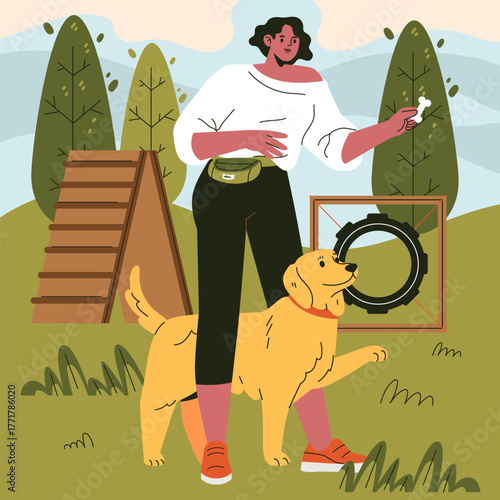 Woman Training Dog Outdoors in Vector Illustration