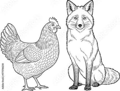 Vintage Engraving of Sitting Fox and Standing Chicken Vector