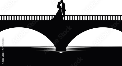 Romantic silhouette of a couple kissing on a bridge against a white sky