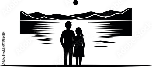 Silhouette of two children holding hands looking out at a serene lake with mountains and a full moon