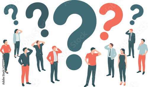 People Asking Questions, Confusion, and Problem Solving Flat Illustration