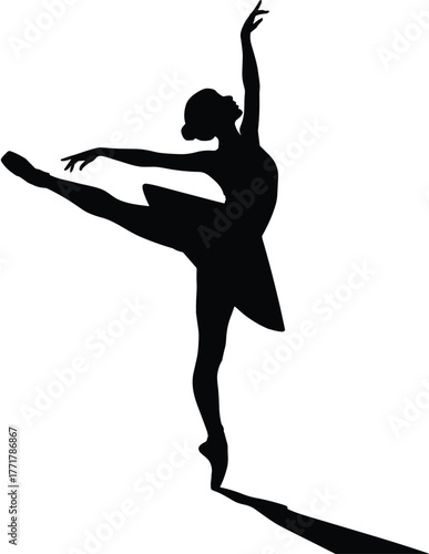 Ballerina Silhouette Vector Illustration in Arabesque Pose with Shadow