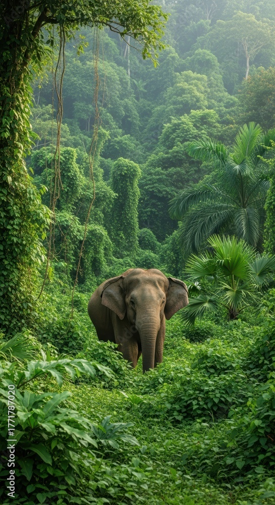 Fototapeta premium Photorealistic Elephant in an Overgrown Jungle Habitat. Elephant Centered in a Wild Lush Green Environment. Misty Jungle Scene with a Textured Elephant.