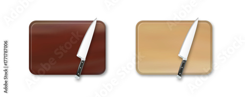 Wooden Cutting Board Kitchen Chopping Board for Food Preparation. Butcher Knife for Meat Cutting. Vector