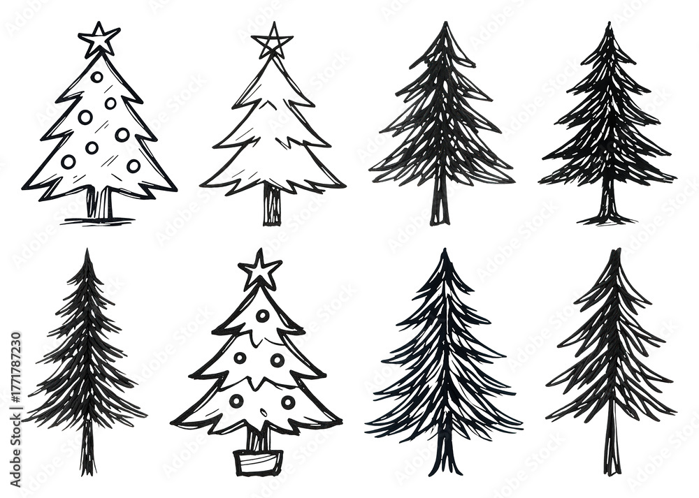 Fototapeta premium PNG Hand-drawn Christmas tree sketches, element set on transparent background