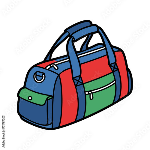 A colorful duffel bag with blue handles, red, green, and blue panels, and a small side pocket.