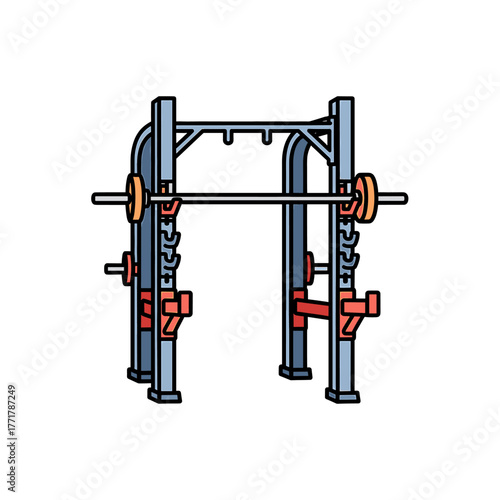 Illustration of a Smith machine with barbell and weights, equipment for strength training and bodybuilding in a gym.