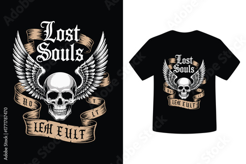 Winged skull design lost souls featuring gothic font and banner text
