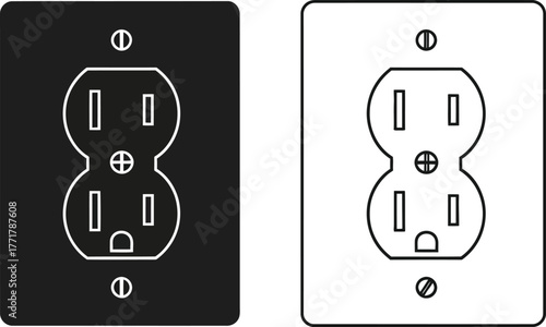 Two electrical outlets, one black and one white outline, symbolizing power and connection options.