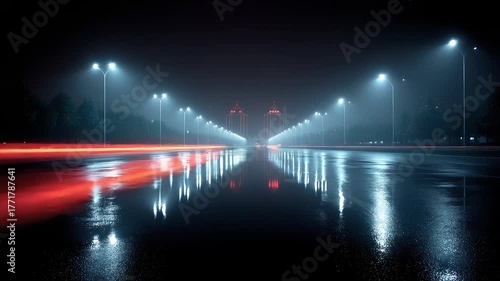 Night view of highway after rain with vehicle light and shadow