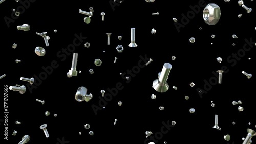 Seamless loop animation of falling metal screws and bolts on transparent background, engineering fasteners rain effect for industrial, mechanic, or construction video overlays
