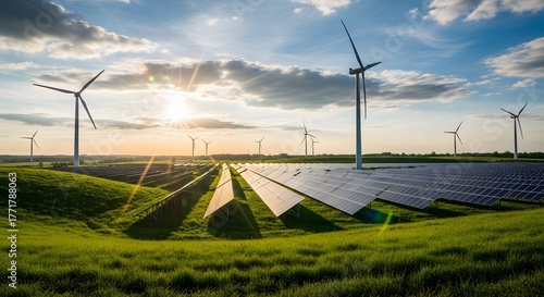  realistic DSLR photo of solar panels and wind turbines under blue sky, sunlight flare through clouds