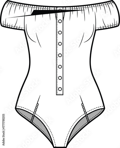 Vector off‑shoulder bodysuit illustration, short gathered sleeve design, button front closure, fitted silhouette
