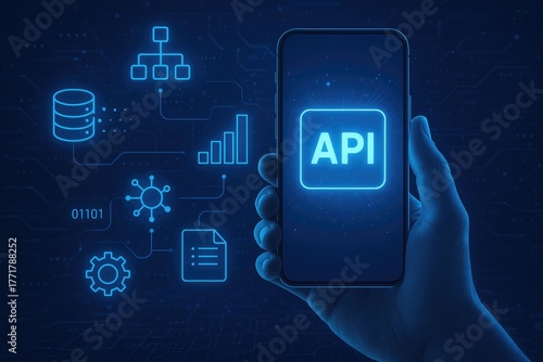 Smartphone displaying API interface with digital data flow, software development, application programming interface, network connectivity