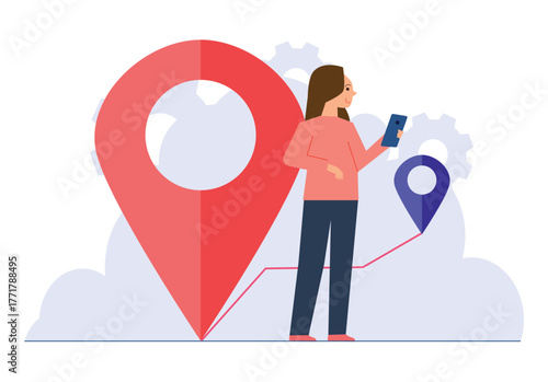 Young female character using her phone to navigate with a map app and location pin, showcasing modern travel and technology. Mobile GPS tracking concept