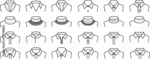 Vector fashion illustration, collar design set, garment construction details, clothing template, sewing pattern, tailoring reference, minimalist line art, apparel design elements