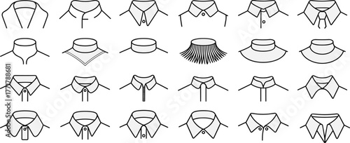 Vector collar styles collection, fashion design template, garment construction detail, sewing pattern reference