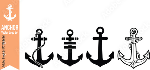 Collection of four unique anchor logos, perfect for nautical branding and design