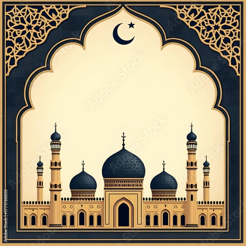 An Islamic background with geometric patterns in a mixture of golden and dark blue hues, set against a warm beige or cream-colored backdrop