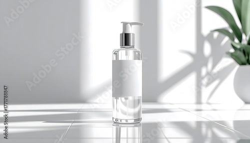 Clear cosmetic pump bottle with blank label for mockup in a bright sunlit room with shadows.
