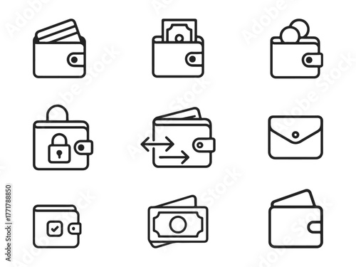 Line-style icon collection of smart wallets and payment symbols — wallet with coins, wallet with banknotes, credit card inside wallet