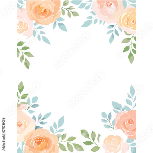 Vintage floral vector design featuring a decorative rose frame and border with green leaves and butterflies on a spring nature background for a summer art card or banner illustration