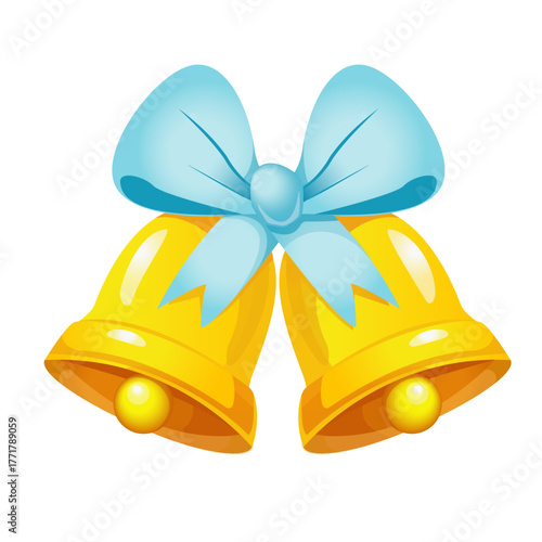 Golden Bells, Blue Bow, Christmas Symbol, Holiday Decoration